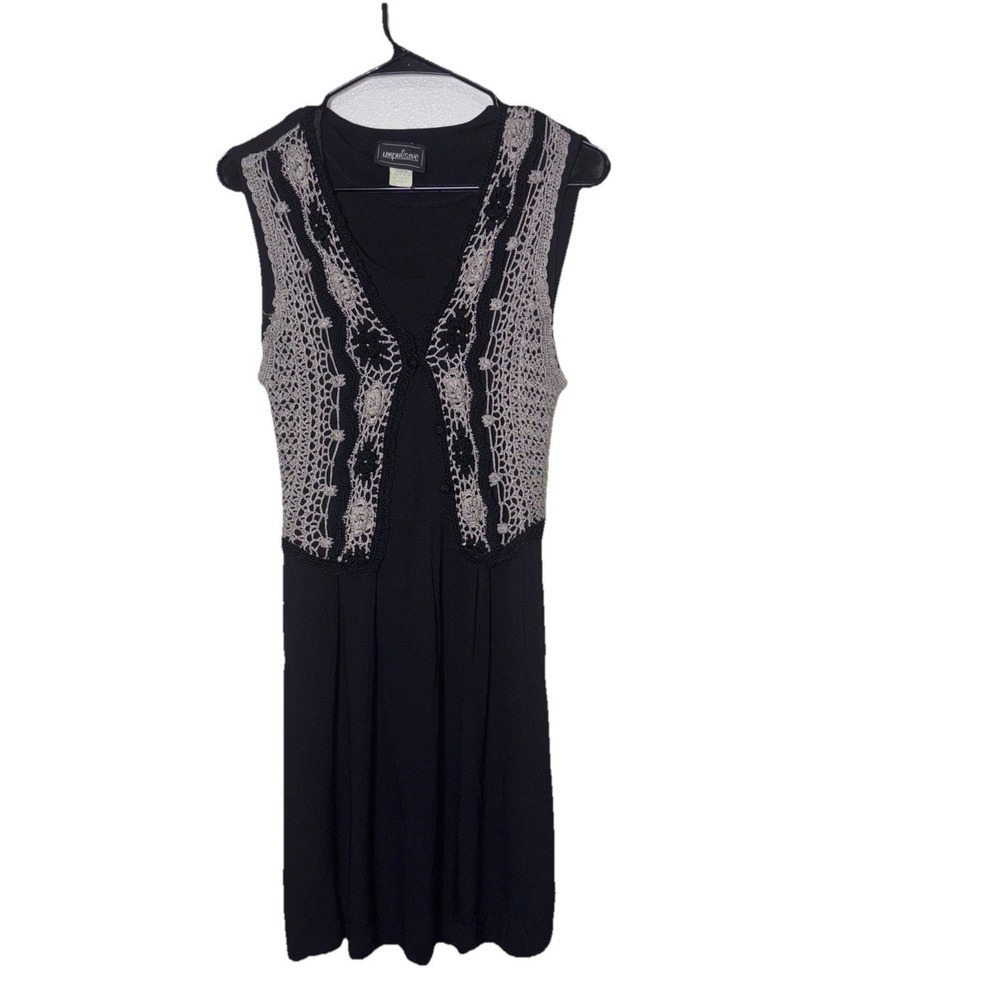 Impulsive-Vintage Black Midi Dress, Pleated W/Crotchet Vest 80's Back Tie Size 8